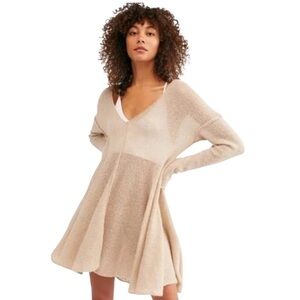 Free People Neutral Beige Knit V‑Neck Midi Dress